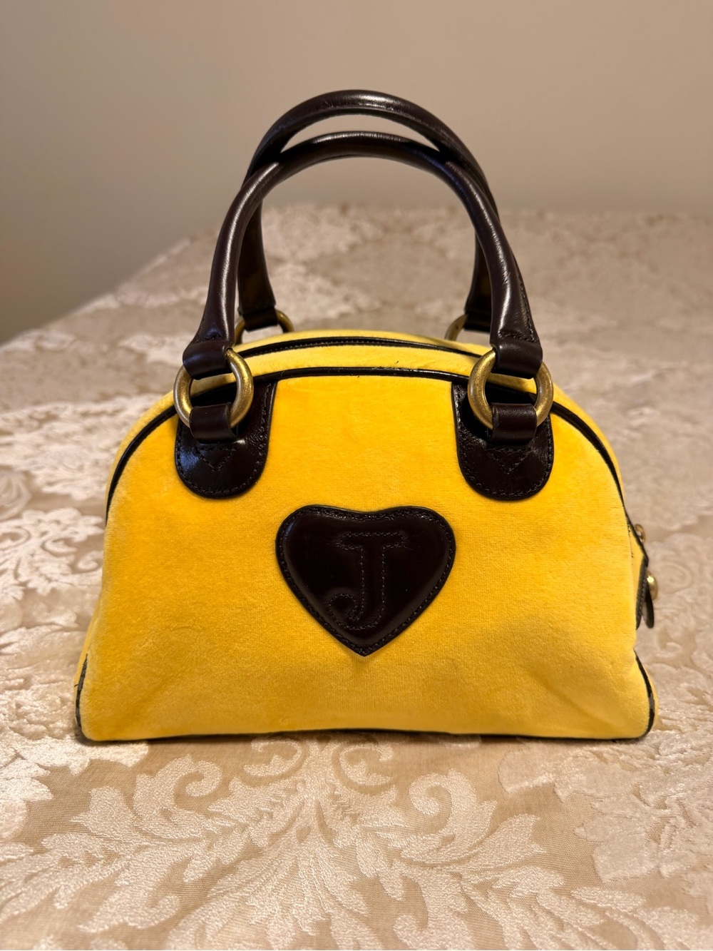 Juicy Couture Yellow Velvet Dome Satchel with Dark Brown Trim and Heart Charm - Picture 2 of 10